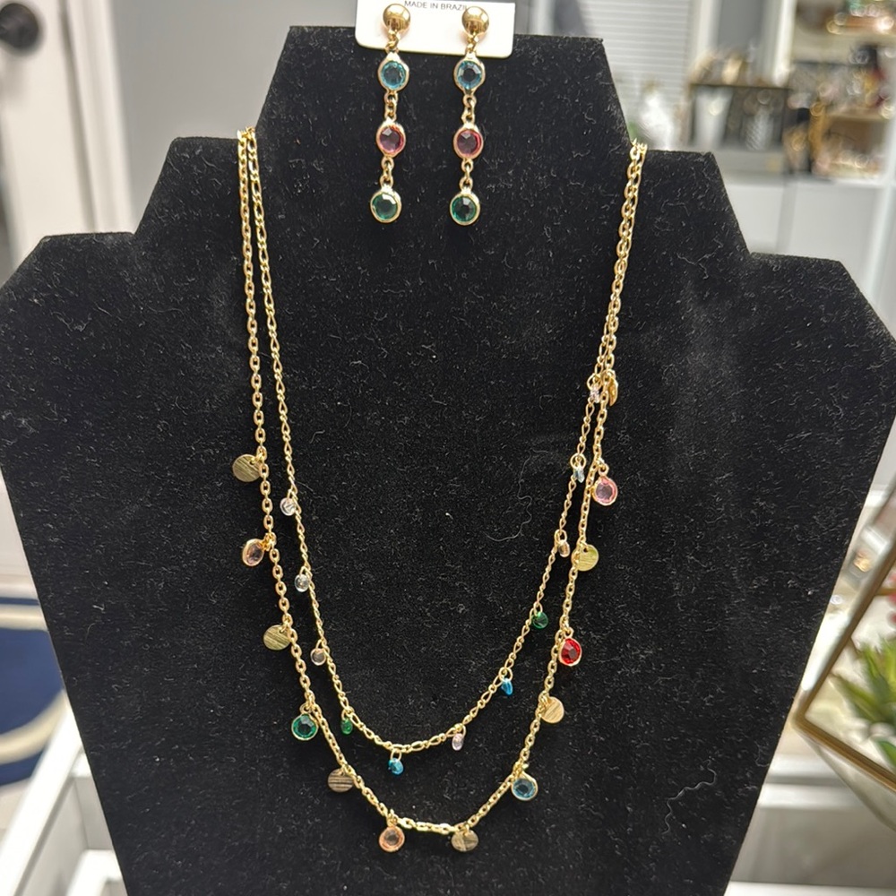 Multicolor Gemstone Gold Necklace and Earring Set